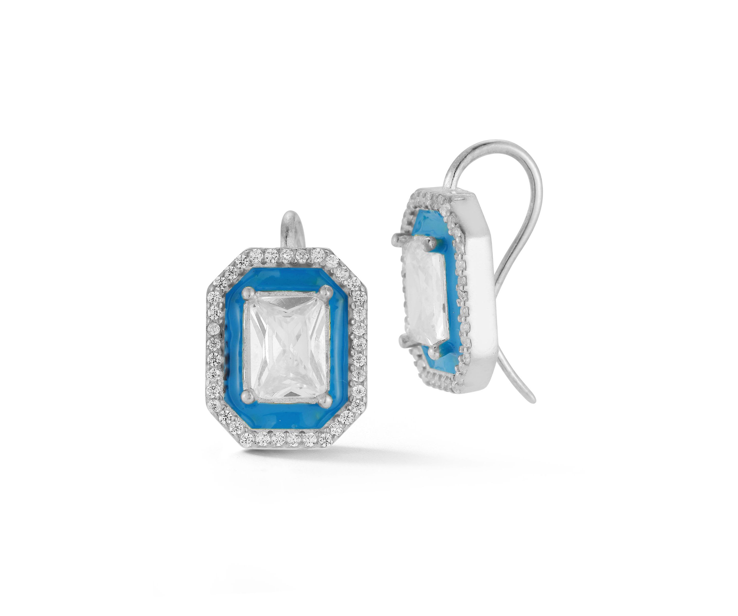 Sterling Silver Cubic Zirconia and Enamel Emerald Cut Earrings