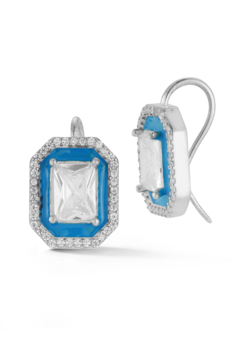 Sterling Silver Cubic Zirconia and Enamel Emerald Cut Earrings