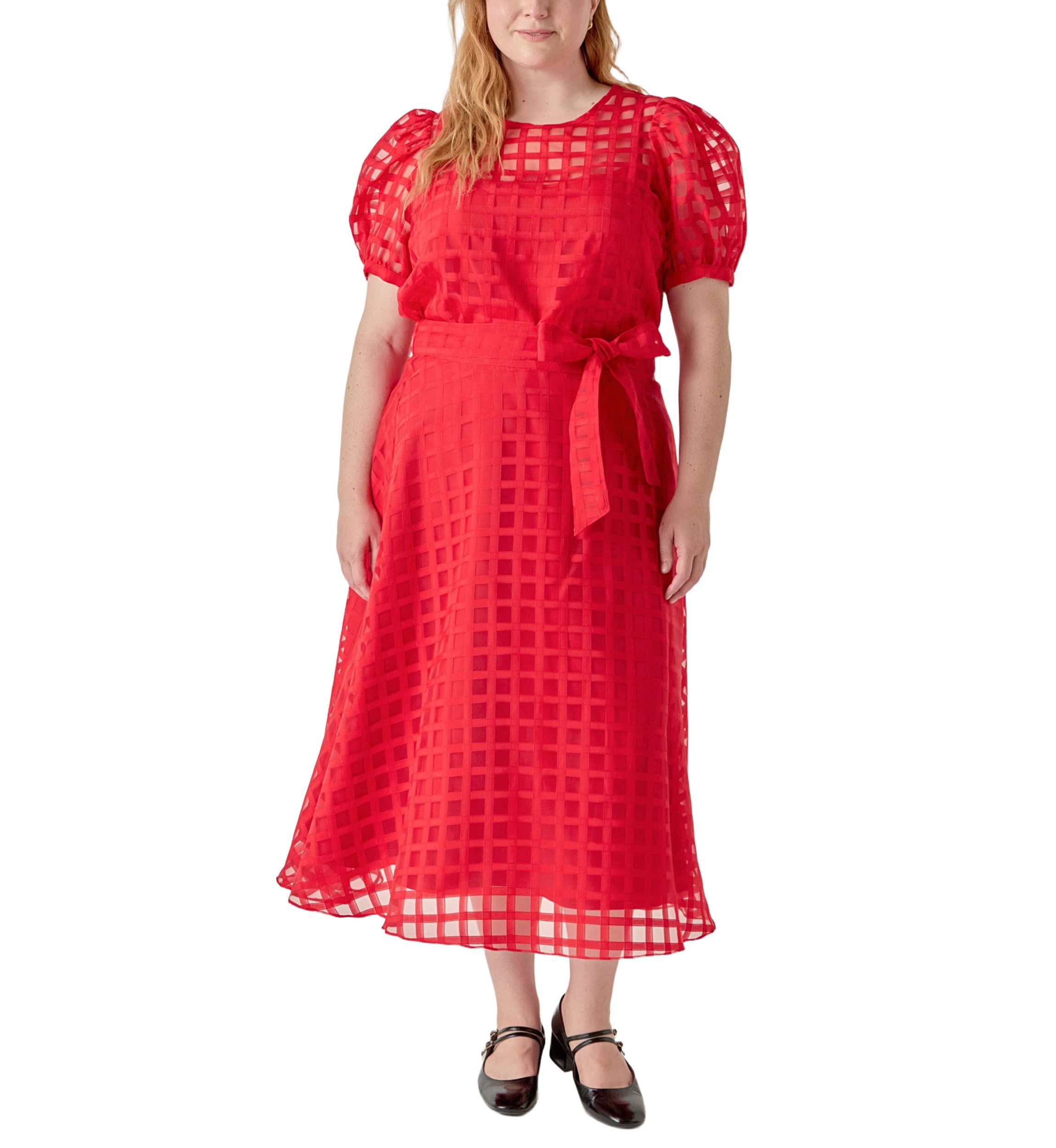 Plaid Organza Fit & Flare Midi Skirt