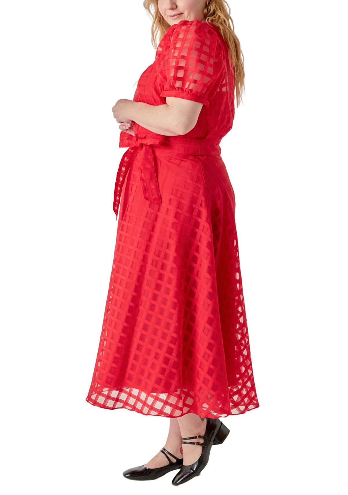 Plaid Organza Fit & Flare Midi Skirt