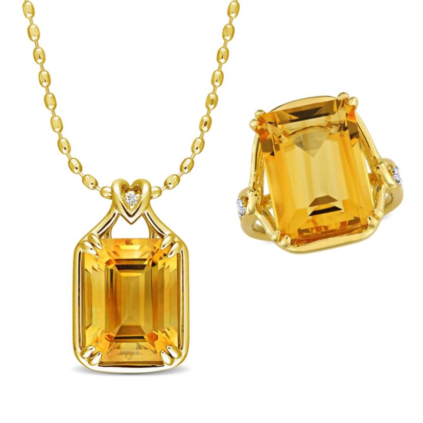 2 Piece Set of Citrine & White Topaz Solitaire Necklace & Ring in Yellow Plated Sterling Silver, 18"