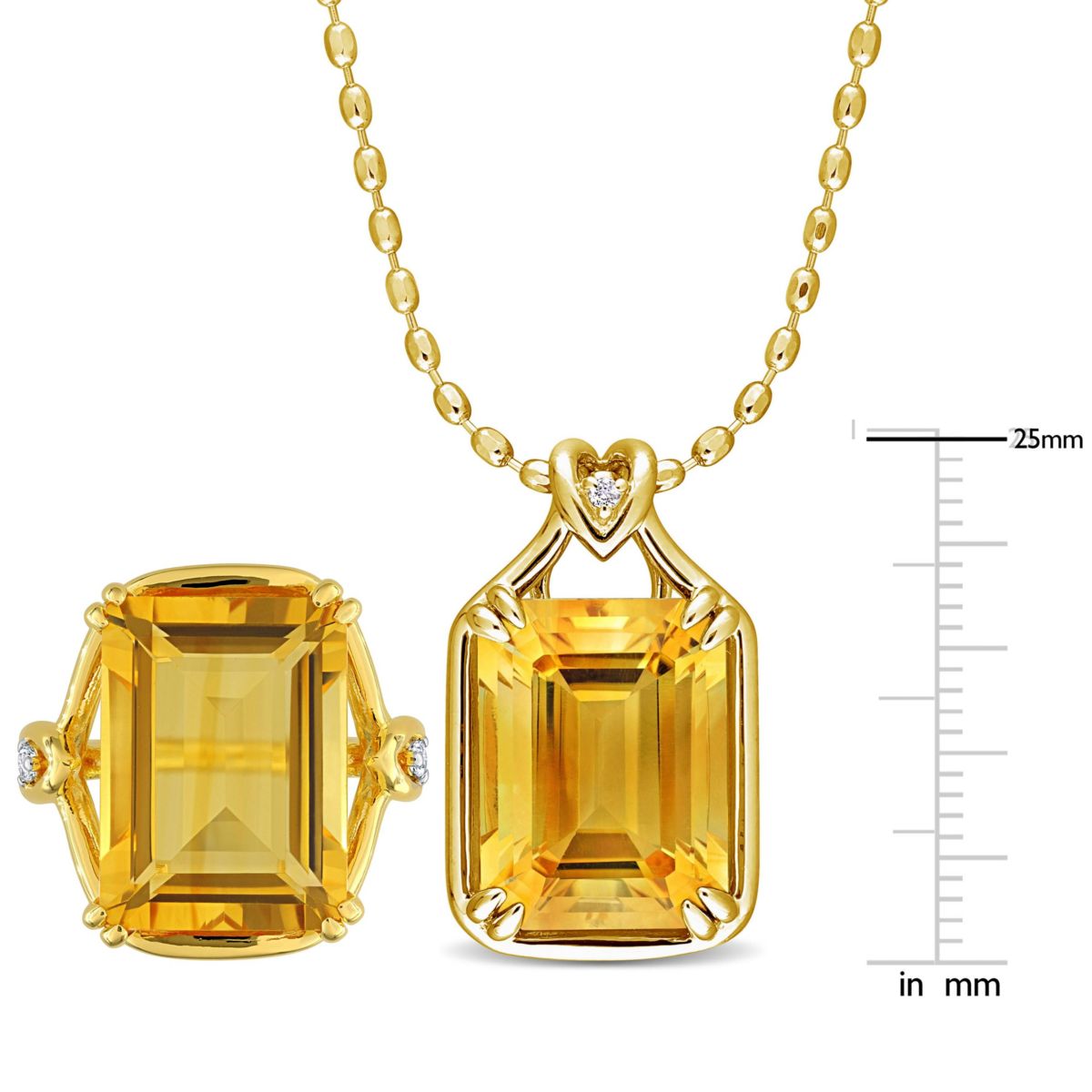 2 Piece Set of Citrine & White Topaz Solitaire Necklace & Ring in Yellow Plated Sterling Silver, 18"