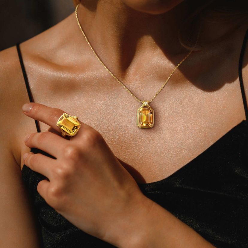 2 Piece Set of Citrine & White Topaz Solitaire Necklace & Ring in Yellow Plated Sterling Silver, 18"