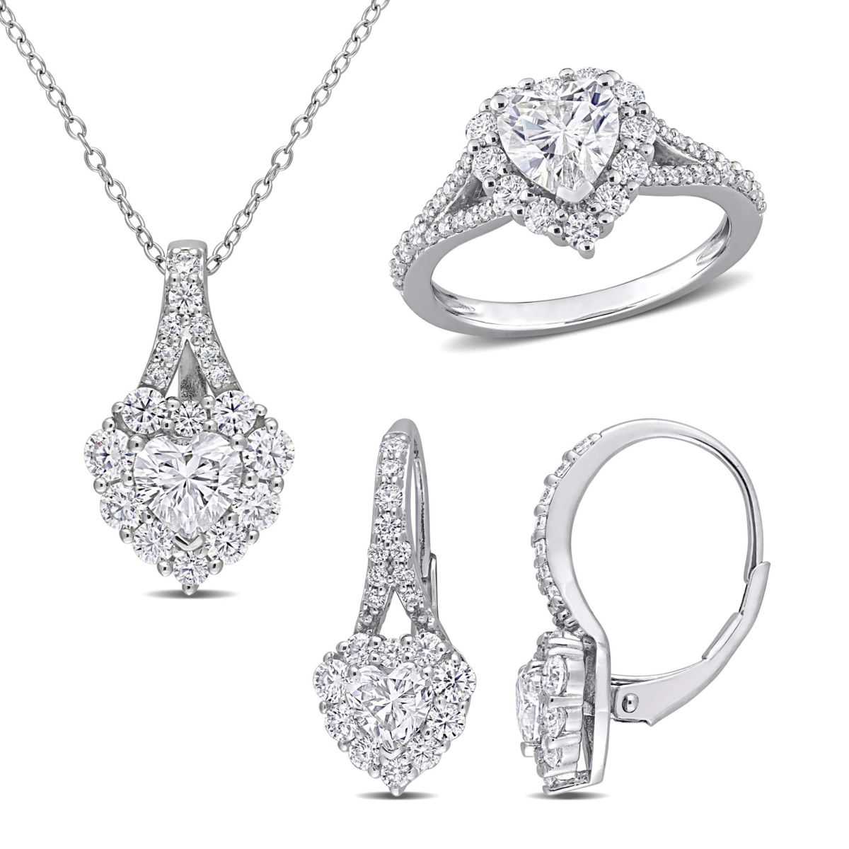 Lab Created 3 Piece Set of Created White Moissanite Heart Halo Earrings, Pendant, & Engagement Ring in Sterling Silver, 18"