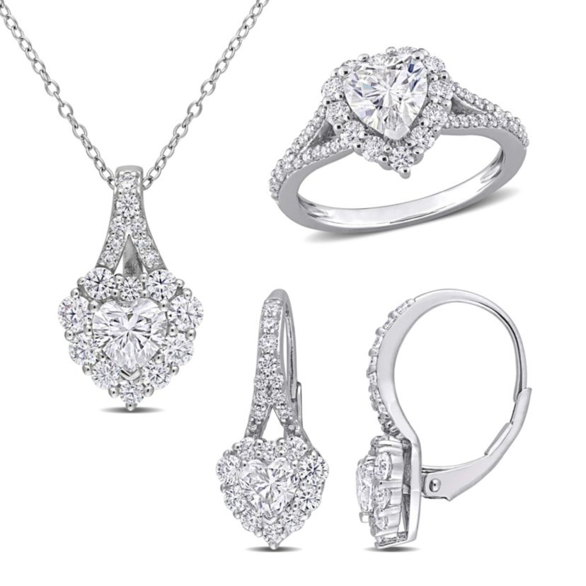 Lab Created 3 Piece Set of Created White Moissanite Heart Halo Earrings, Pendant, & Engagement Ring in Sterling Silver, 18"