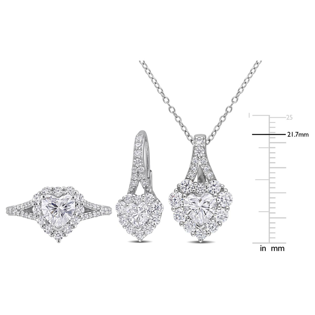Lab Created 3 Piece Set of Created White Moissanite Heart Halo Earrings, Pendant, & Engagement Ring in Sterling Silver, 18"