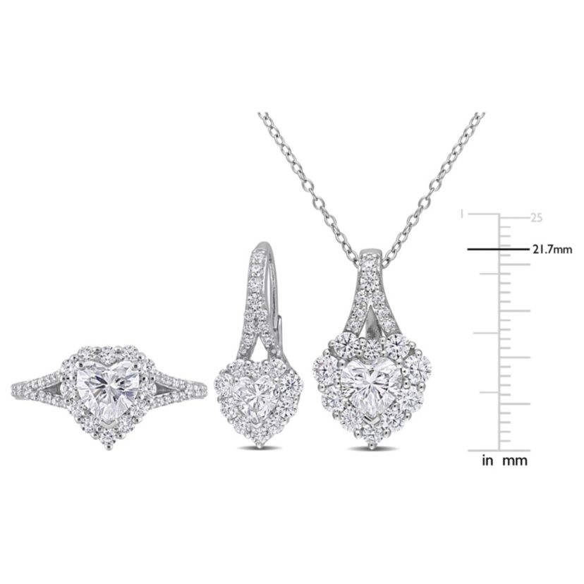 Lab Created 3 Piece Set of Created White Moissanite Heart Halo Earrings, Pendant, & Engagement Ring in Sterling Silver, 18"