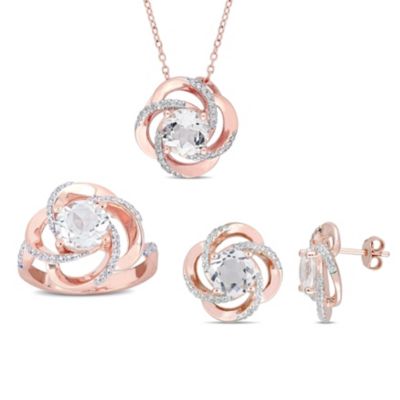 Belk & Co 3 Piece Set of White Topaz Ring, Earrings & Pendant With Chain in Rose Plated Sterling Silver, 18", Pink, 7.5