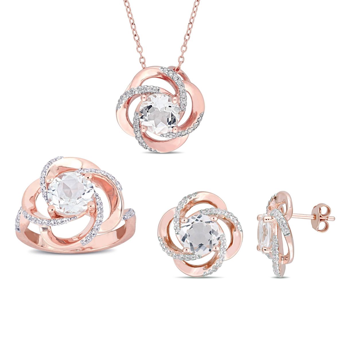 3 Piece Set of White Topaz Ring, Earrings & Pendant With Chain in Rose Plated Sterling Silver, 18"