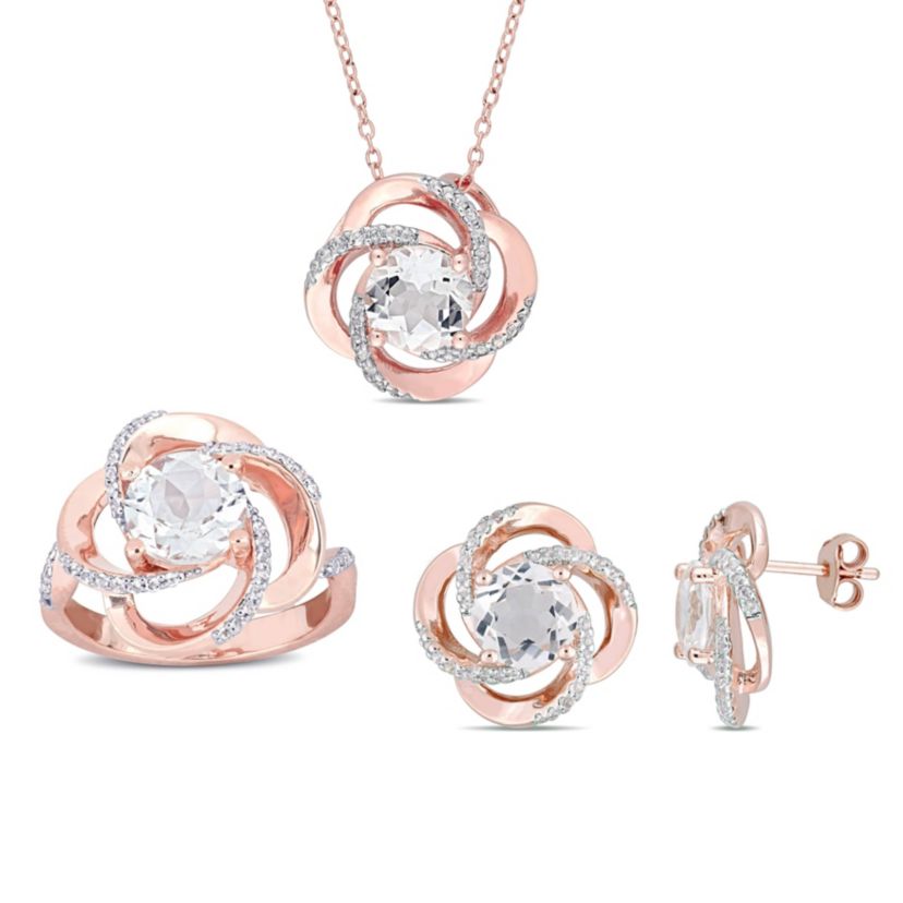 3 Piece Set of White Topaz Ring, Earrings & Pendant With Chain in Rose Plated Sterling Silver, 18"