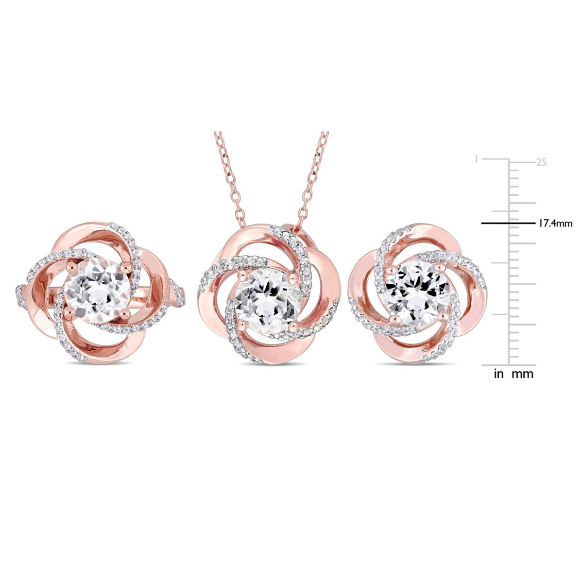 3 Piece Set of White Topaz Ring, Earrings & Pendant With Chain in Rose Plated Sterling Silver, 18"