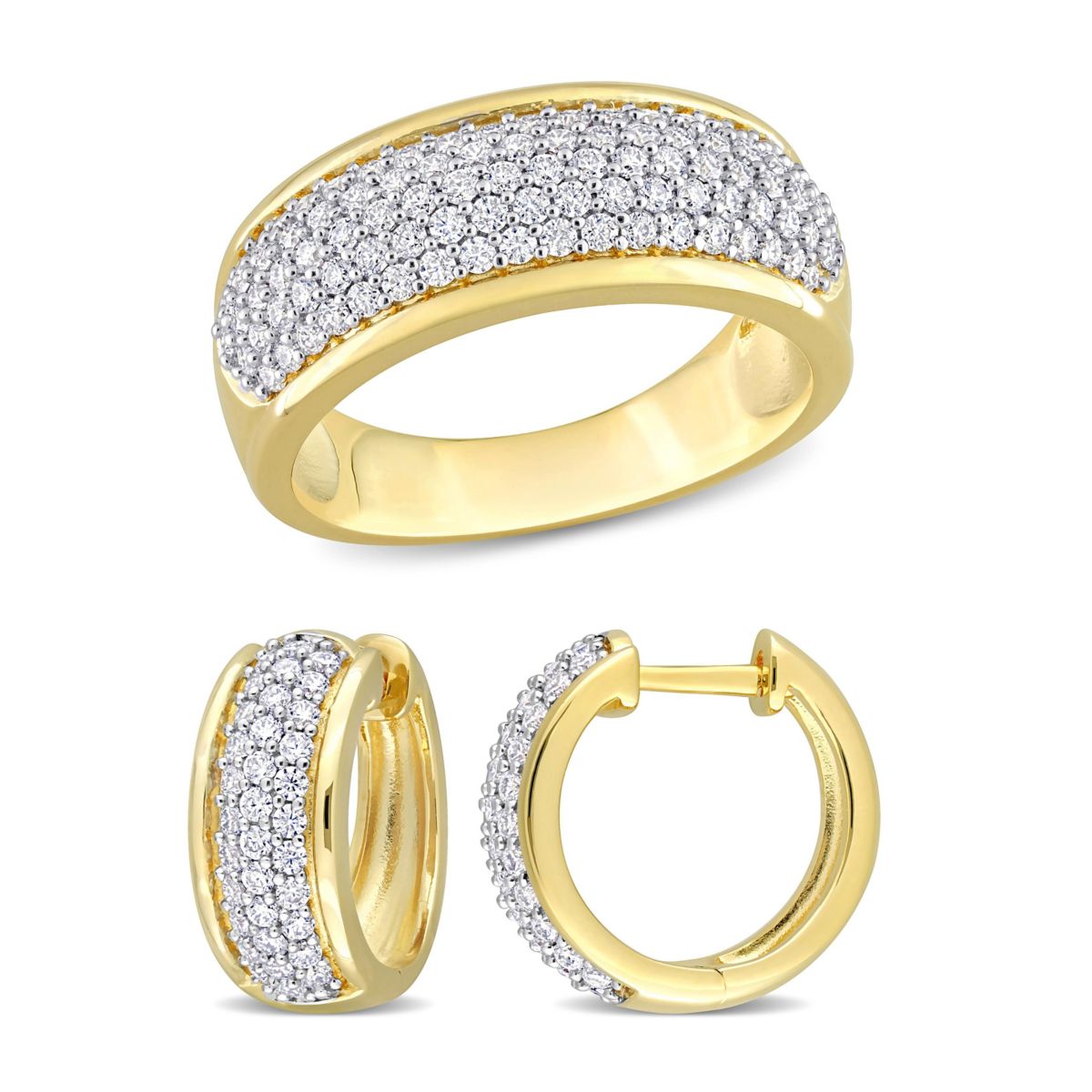 Lab Created 2 Piece Set of Created White Moissanite Triple Row Hoop Earrings & Semi-Eternity Ring in Yellow Plated Sterling Silver
