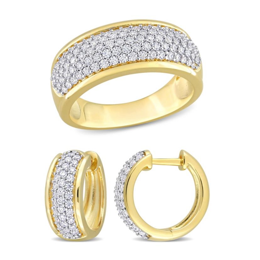 Lab Created 2 Piece Set of Created White Moissanite Triple Row Hoop Earrings & Semi-Eternity Ring in Yellow Plated Sterling Silver