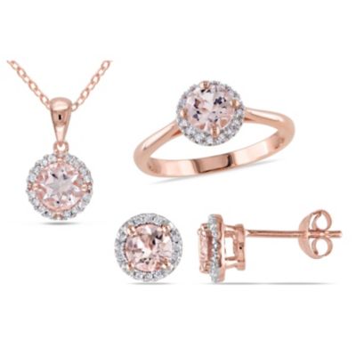Belk & Co 3 Piece Set of Diamond & Morganite Pendant With Chain, Stud Earrings & Halo Ring in Rose Plated Sterling Silver, 18"