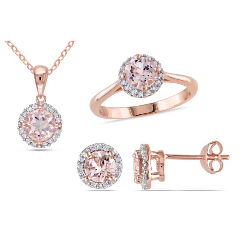 3 Piece Set of Diamond & Morganite Pendant With Chain, Stud Earrings & Halo Ring in Rose Plated Sterling Silver, 18"