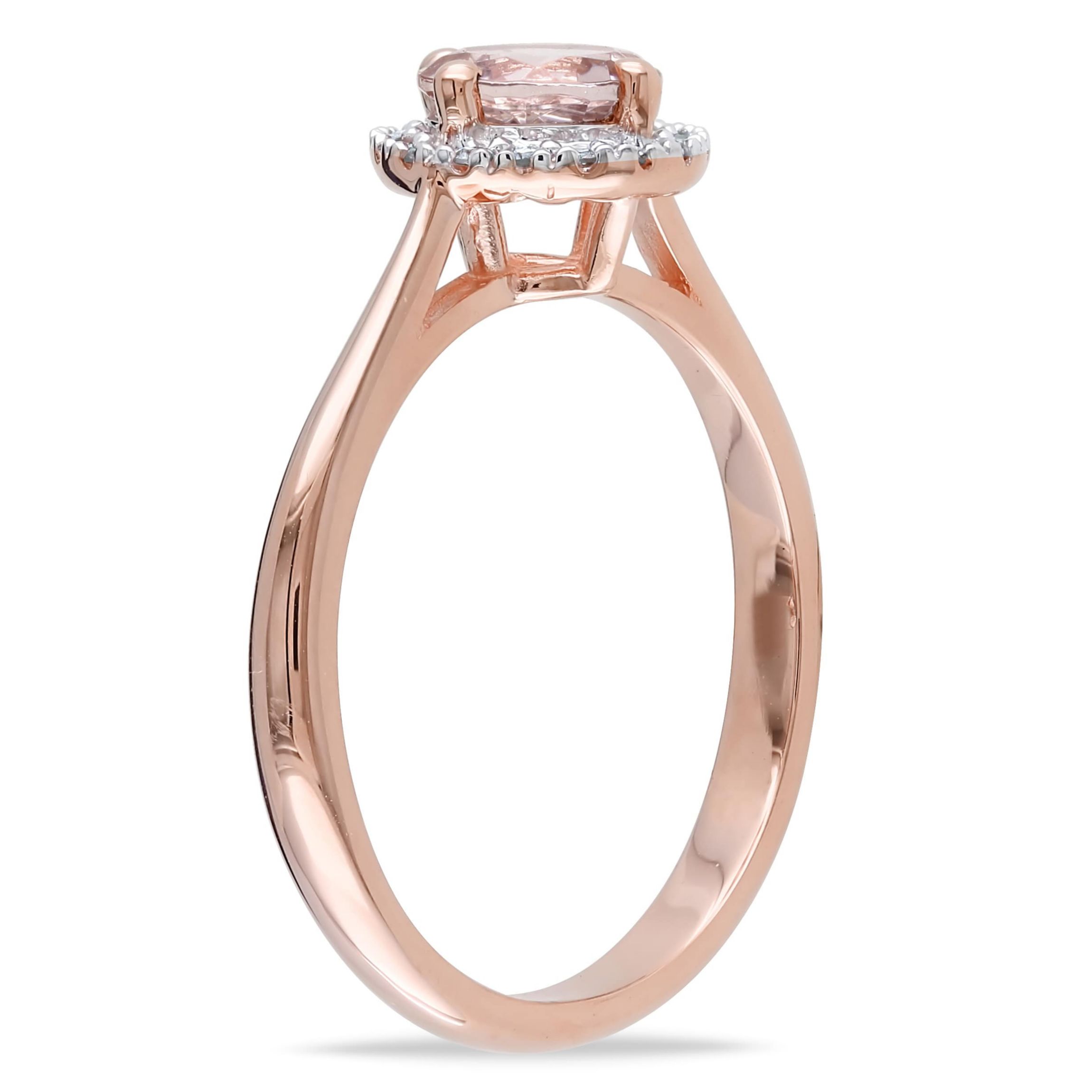 3 Piece Set of Diamond & Morganite Pendant With Chain, Stud Earrings & Halo Ring in Rose Plated Sterling Silver, 18"