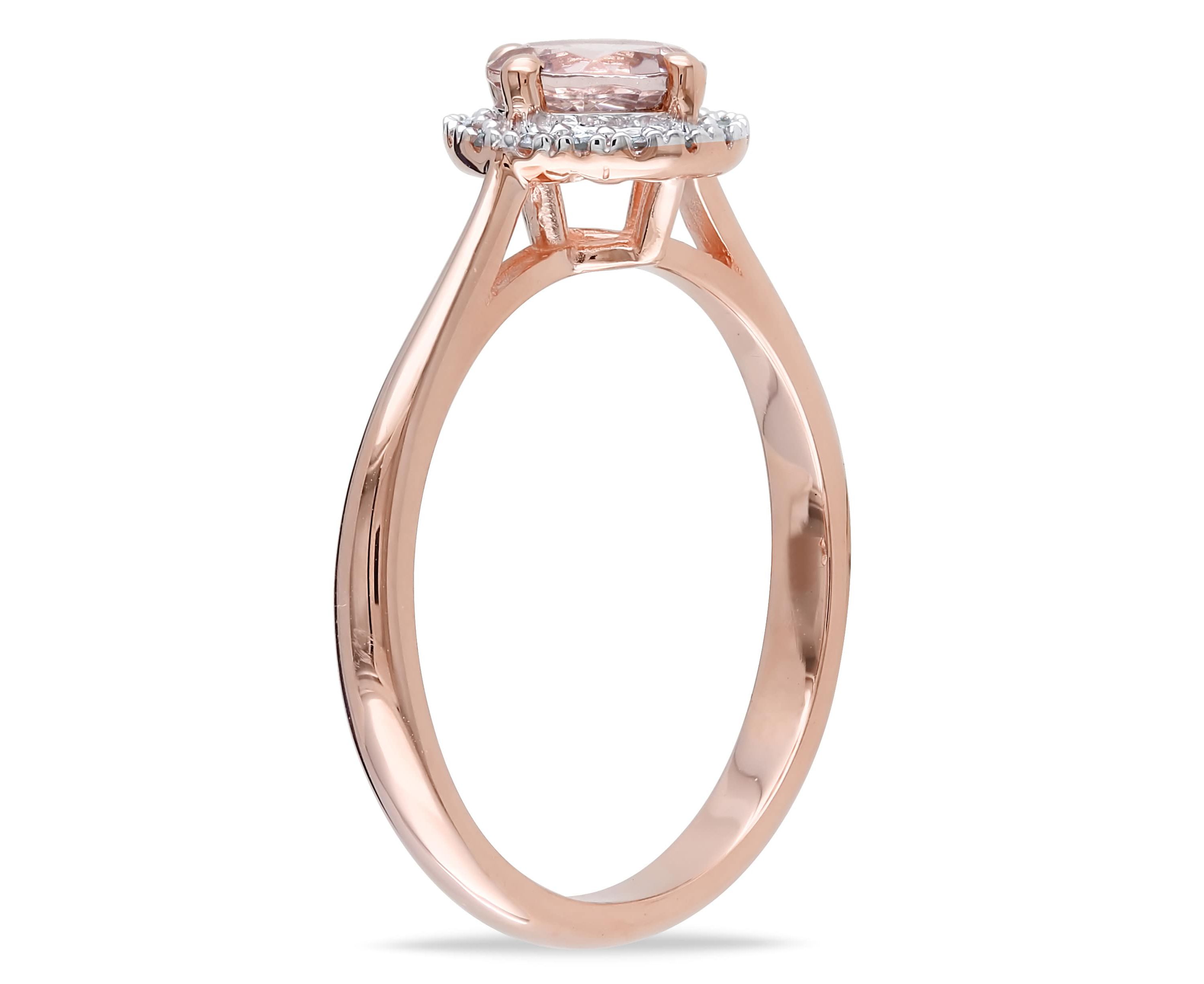 3 Piece Set of Diamond & Morganite Pendant With Chain, Stud Earrings & Halo Ring in Rose Plated Sterling Silver, 18"