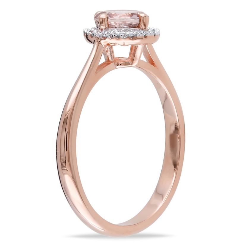 3 Piece Set of Diamond & Morganite Pendant With Chain, Stud Earrings & Halo Ring in Rose Plated Sterling Silver, 18"