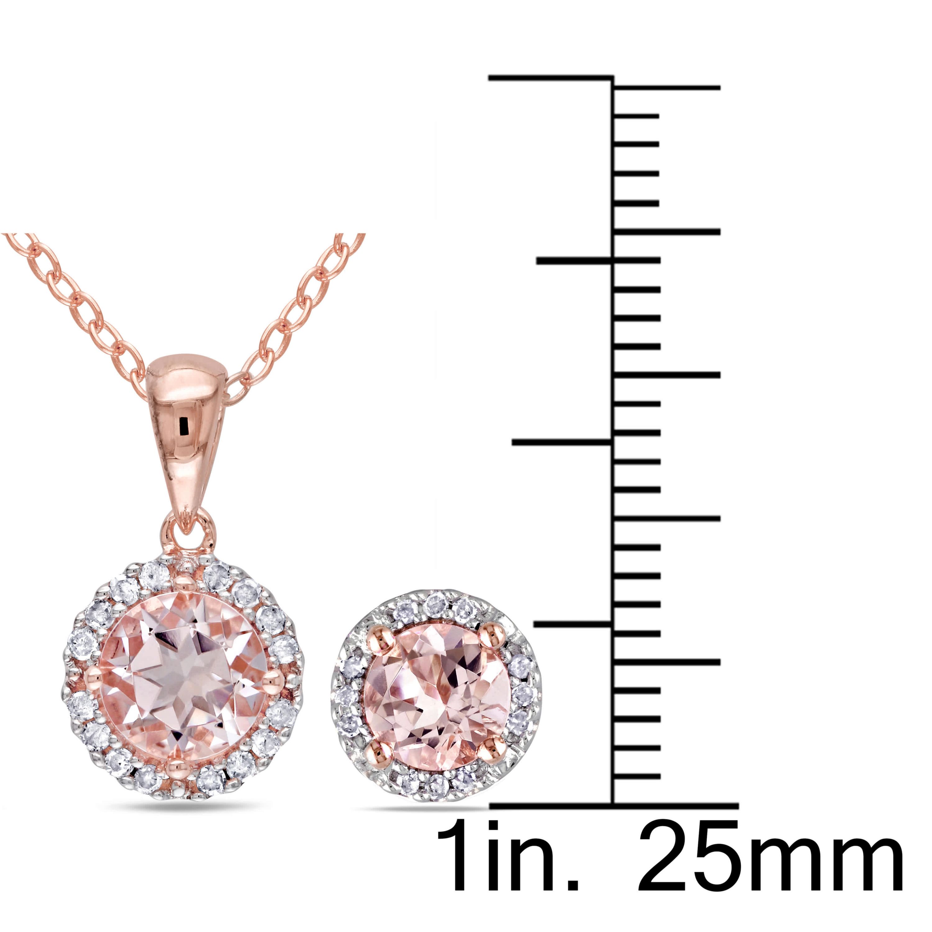 3 Piece Set of Diamond & Morganite Pendant With Chain, Stud Earrings & Halo Ring in Rose Plated Sterling Silver, 18"