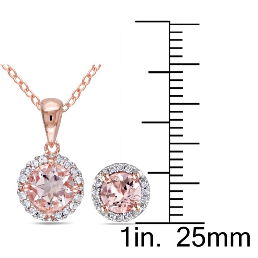 3 Piece Set of Diamond & Morganite Pendant With Chain, Stud Earrings & Halo Ring in Rose Plated Sterling Silver, 18"
