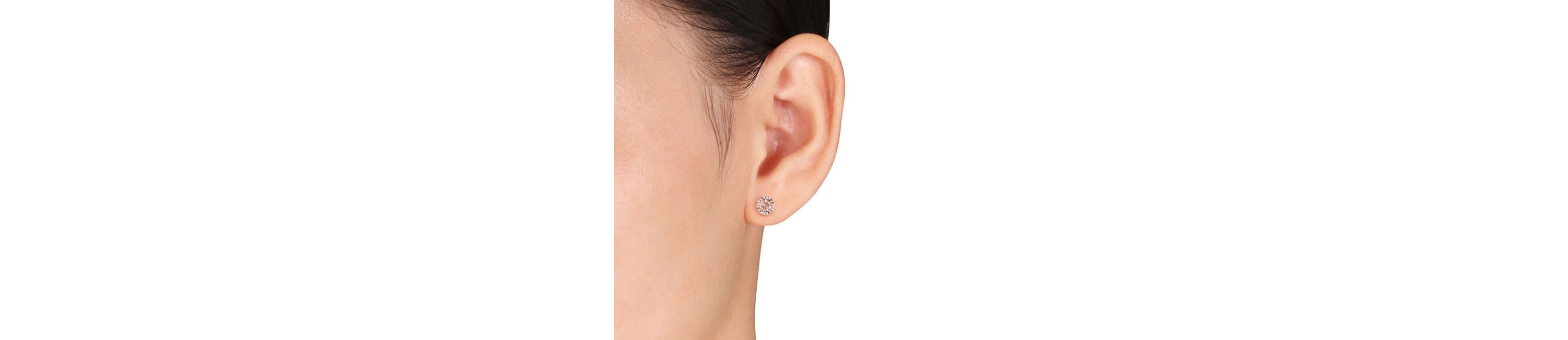 3 Piece Set of Diamond & Morganite Pendant With Chain, Stud Earrings & Halo Ring in Rose Plated Sterling Silver, 18"