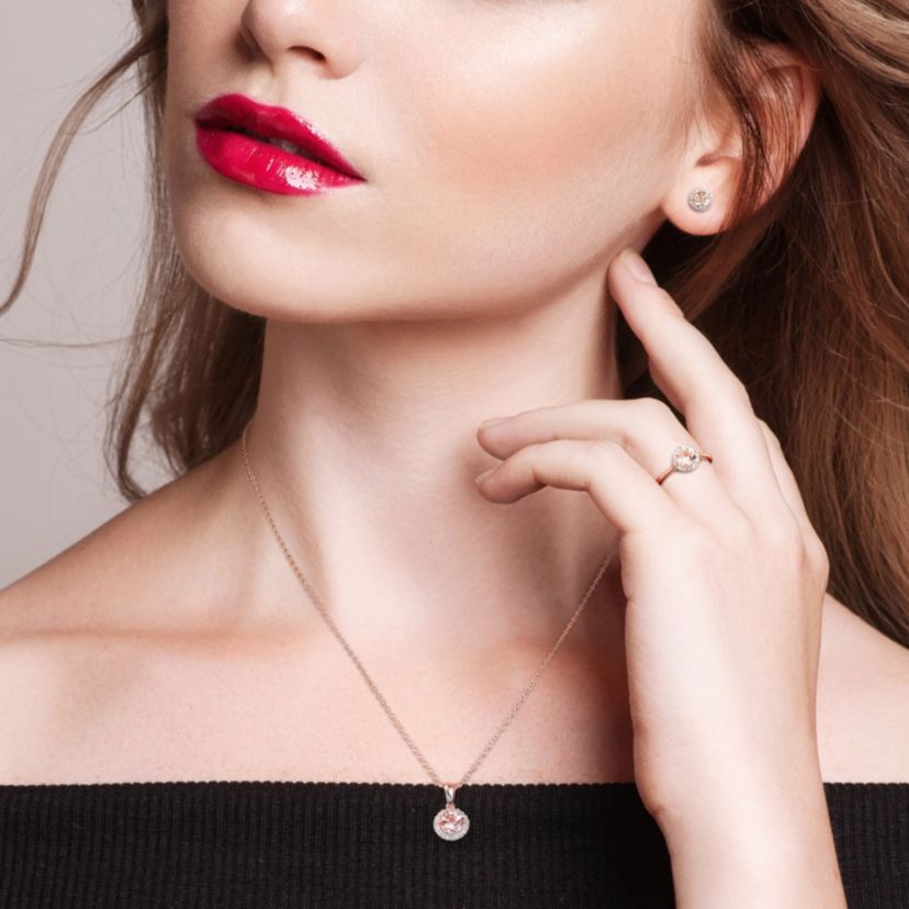 3 Piece Set of Diamond & Morganite Pendant With Chain, Stud Earrings & Halo Ring in Rose Plated Sterling Silver, 18"