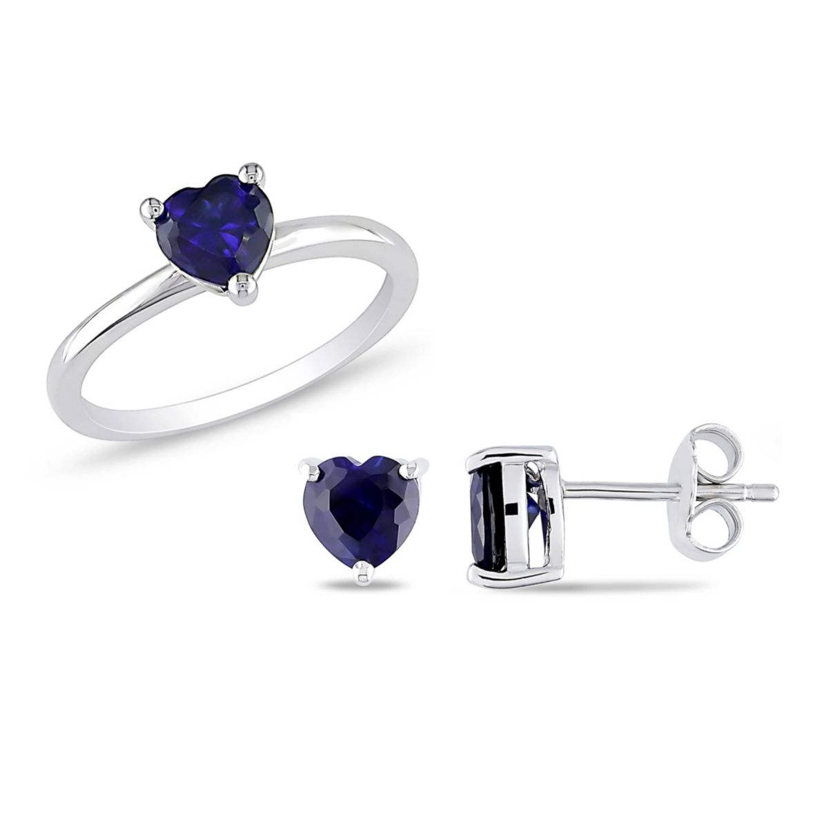 Lab Created 2 Piece Set of Created Blue Sapphire Heart Earrings, Ring in Sterling Silver