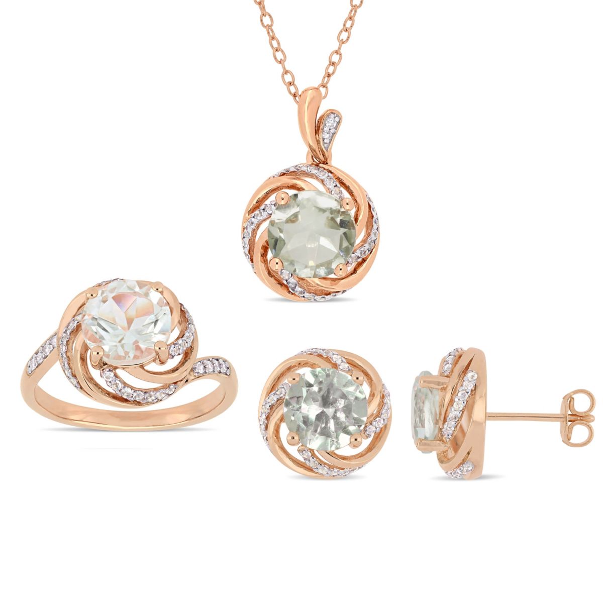 3 Piece Set of Diamond & Green Quartz & White Topaz Ring, Earrings & Pendant With Chain in Rose Plated Sterling Silver, 18"