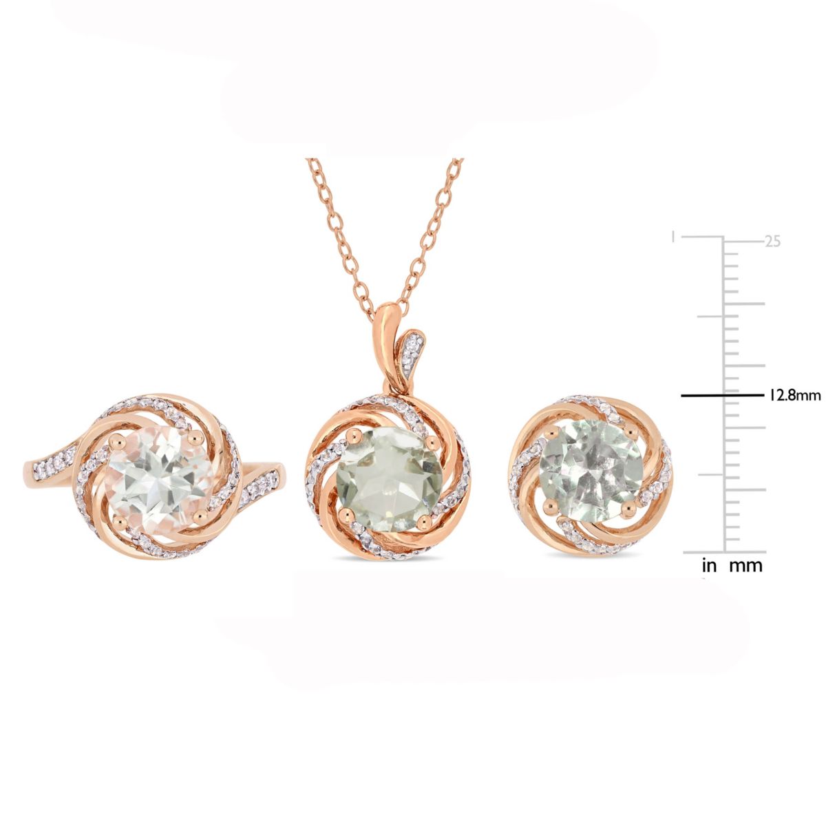 3 Piece Set of Diamond & Green Quartz & White Topaz Ring, Earrings & Pendant With Chain in Rose Plated Sterling Silver, 18"
