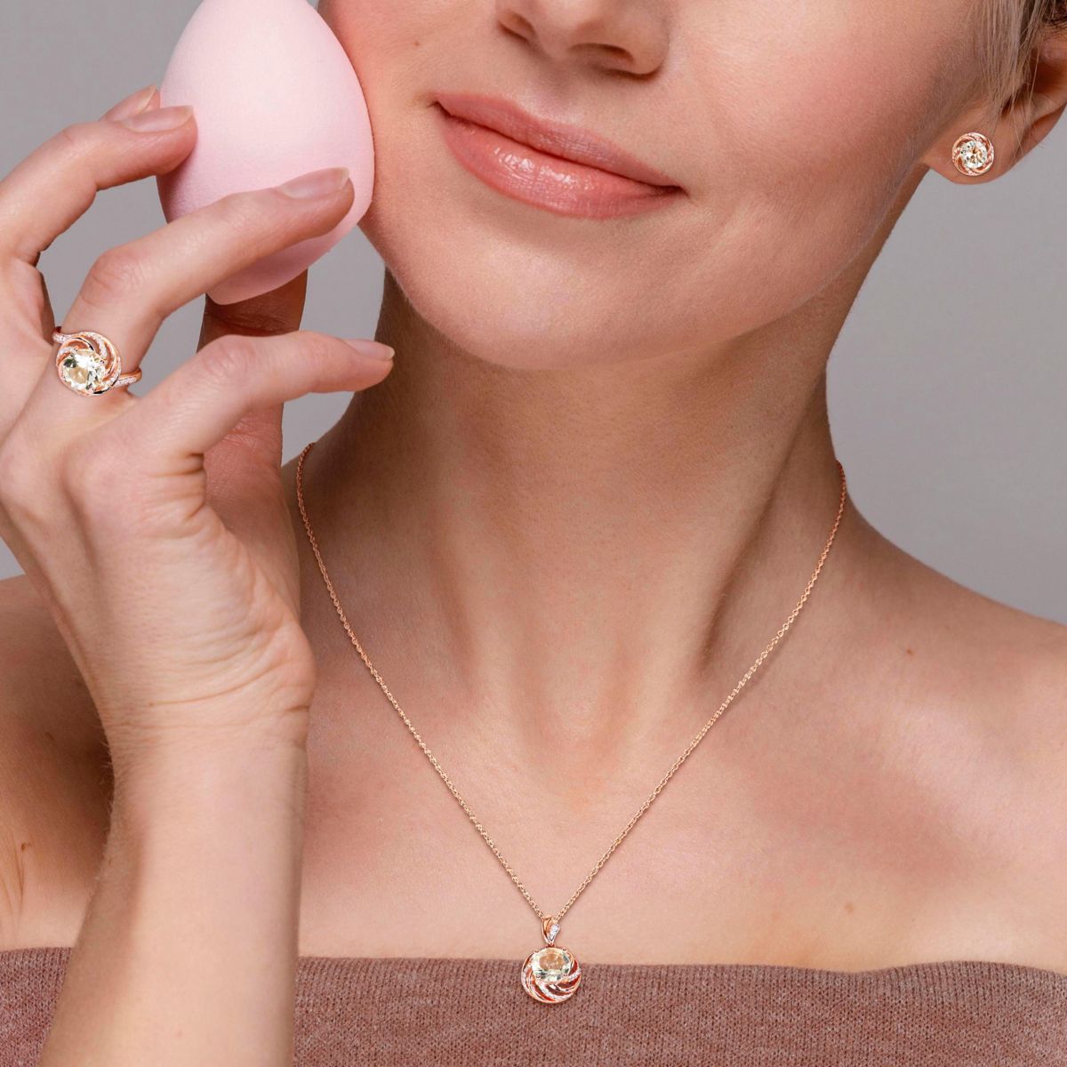 3 Piece Set of Diamond & Green Quartz & White Topaz Ring, Earrings & Pendant With Chain in Rose Plated Sterling Silver, 18"