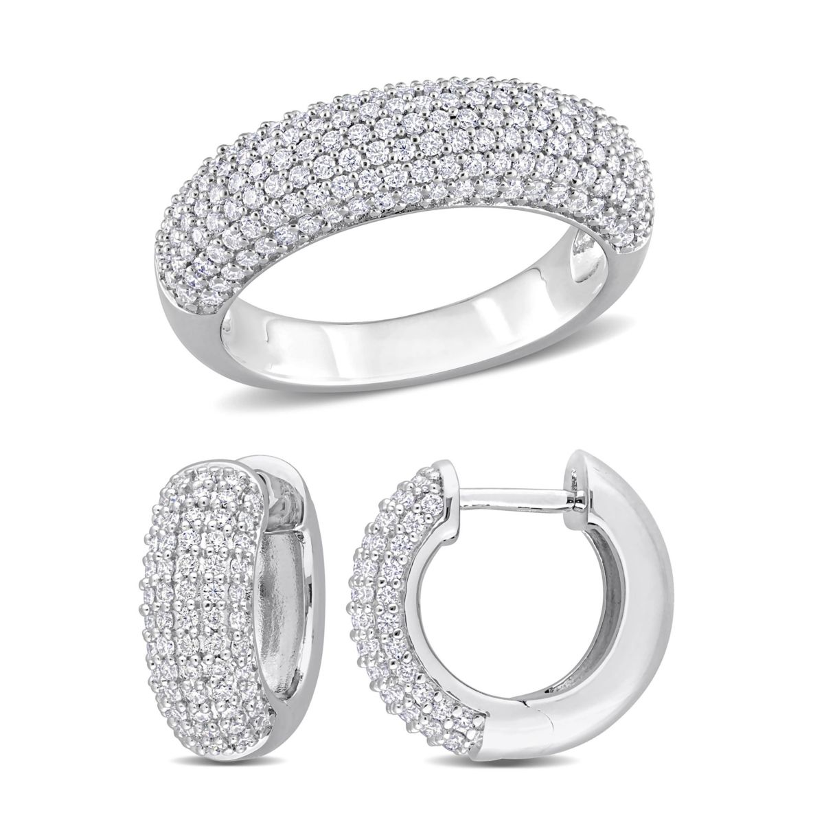 Lab Created 2 Piece Set of Created White Moissanite Multi-Row Hoop Earrings & Semi-Eternity Ring in Sterling Silver