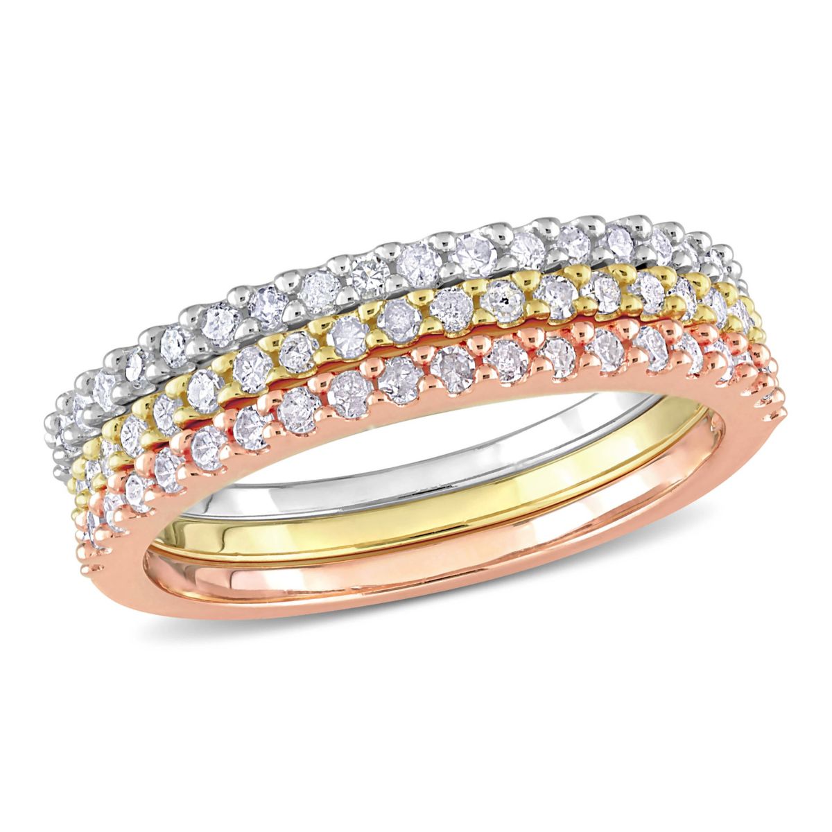 3 Pc Set of Diamond Ring in Yellow, Rose & White Sterling Silver