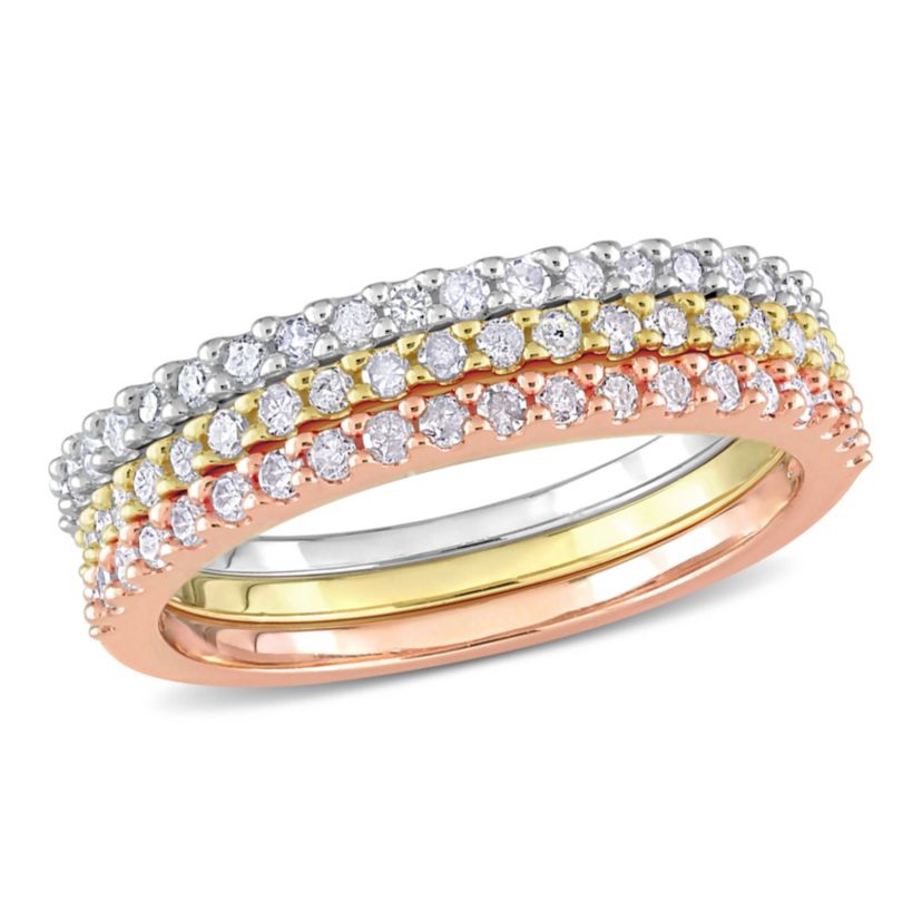 3 Pc Set of Diamond Ring in Yellow, Rose & White Sterling Silver