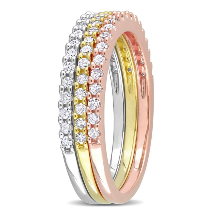 3 Pc Set of Diamond Ring in Yellow, Rose & White Sterling Silver