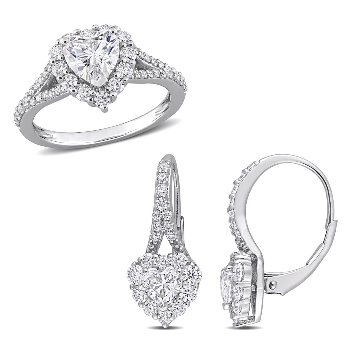 Lab Created 2 Piece Set of Created White Moissanite Heart Halo Earrings & Engagement Ring in Sterling Silver