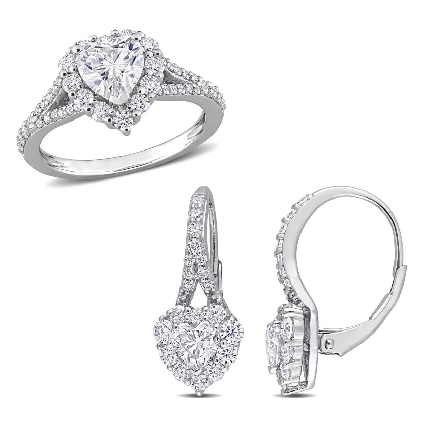 Lab Created 2 Piece Set of Created White Moissanite Heart Halo Earrings & Engagement Ring in Sterling Silver