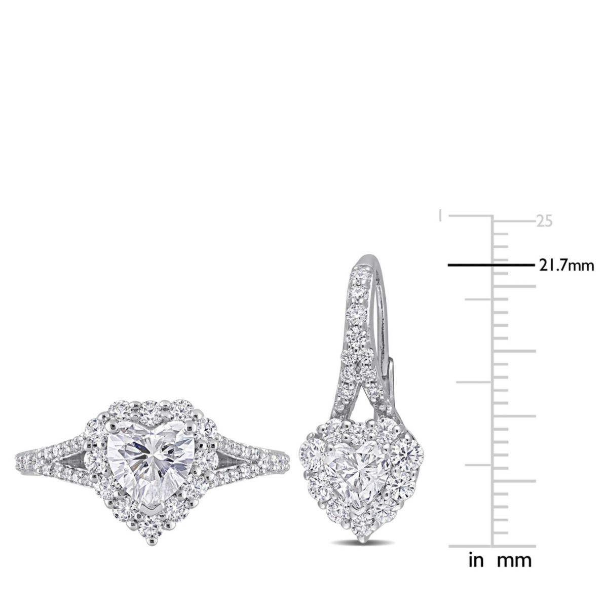 Lab Created 2 Piece Set of Created White Moissanite Heart Halo Earrings & Engagement Ring in Sterling Silver
