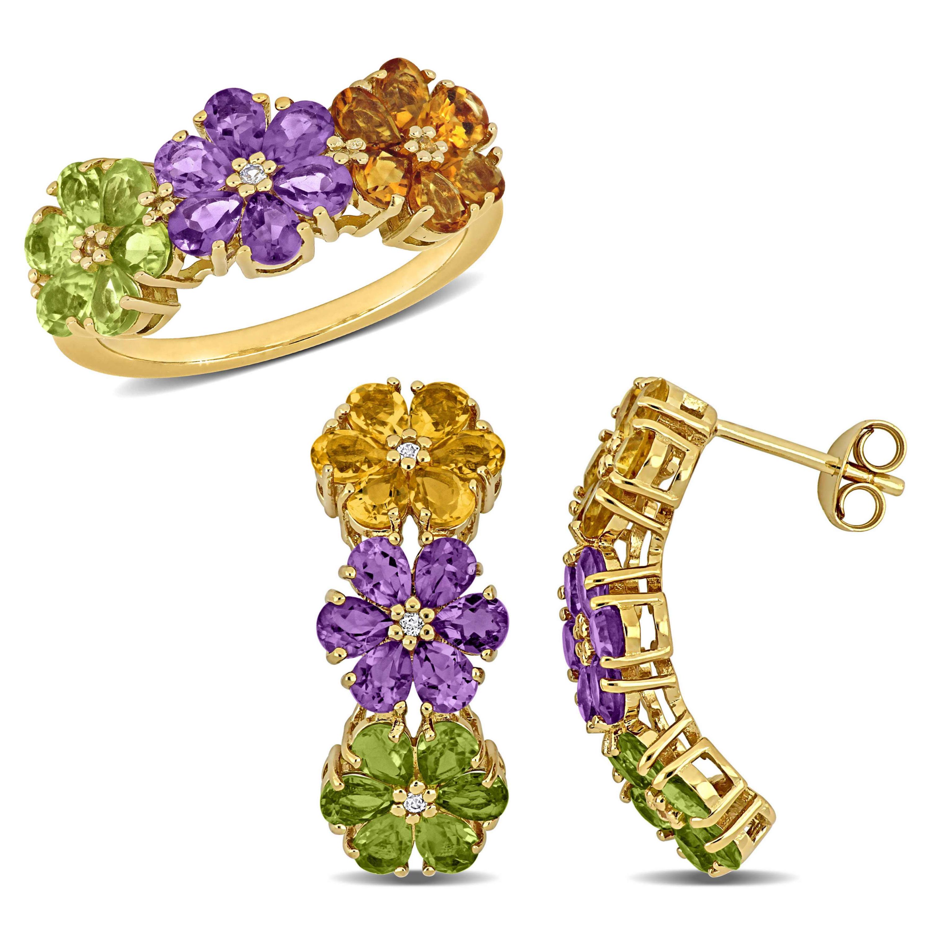 2 Piece Set of Amethyst, Citrine, Peridot, White Topaz Floral Earrings & Ring in Yellow Plated Sterling Silver