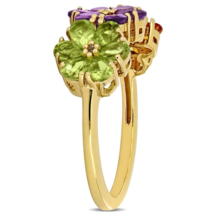 2 Piece Set of Amethyst, Citrine, Peridot, White Topaz Floral Earrings & Ring in Yellow Plated Sterling Silver