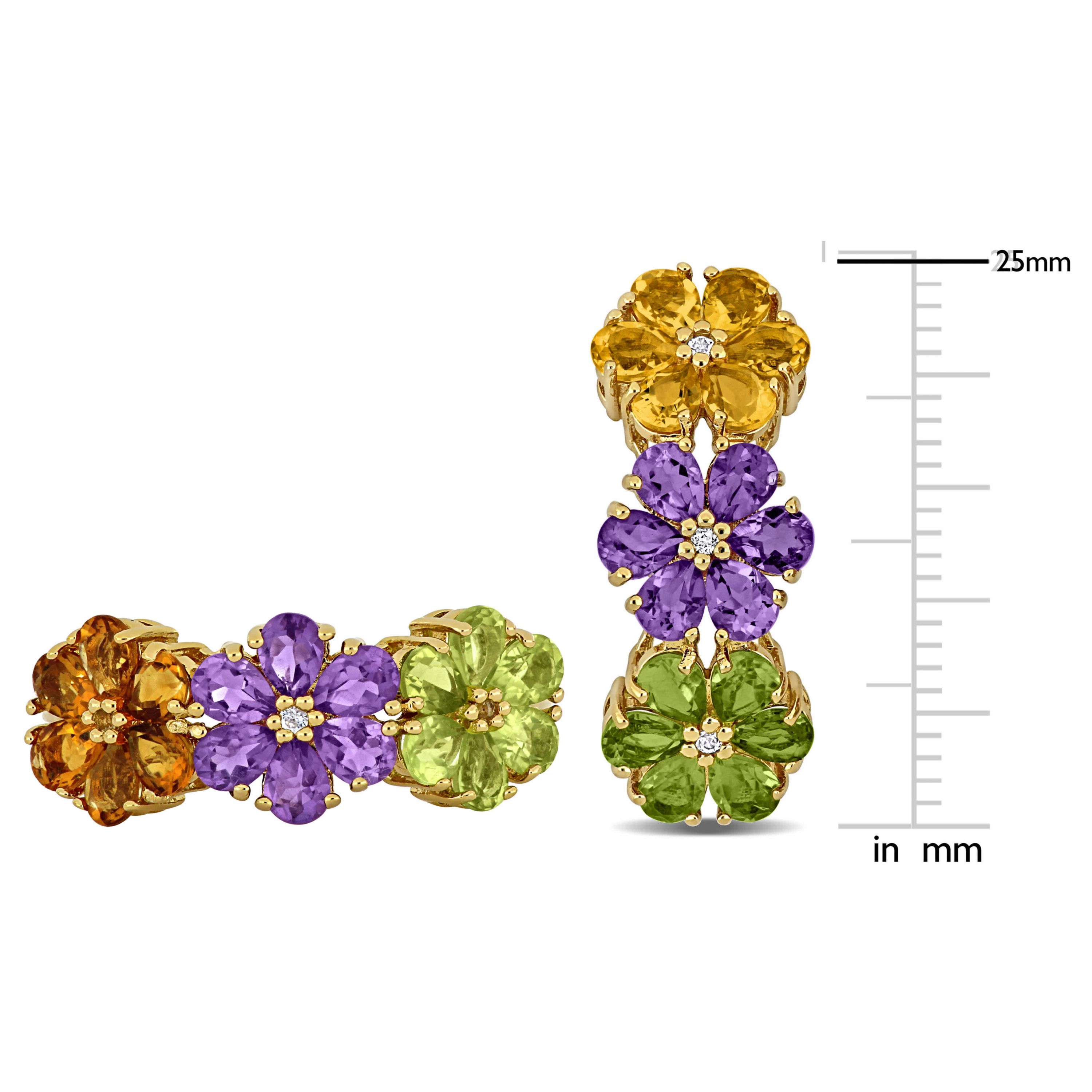 2 Piece Set of Amethyst, Citrine, Peridot, White Topaz Floral Earrings & Ring in Yellow Plated Sterling Silver