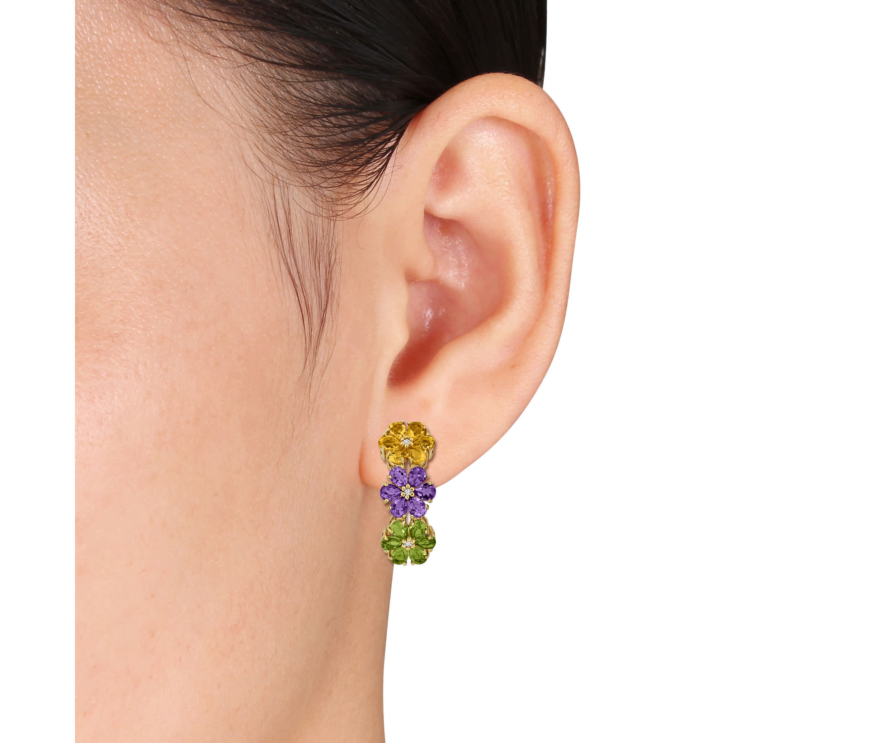 2 Piece Set of Amethyst, Citrine, Peridot, White Topaz Floral Earrings & Ring in Yellow Plated Sterling Silver