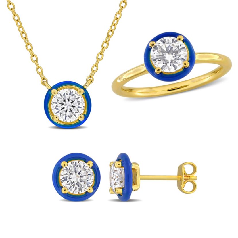 Lab Created 3 Piece Set of Created White Moissanite & Blue Enamel Solitaire Earrings, Necklace & Ring in Yellow Plated Sterling Silver, 17"