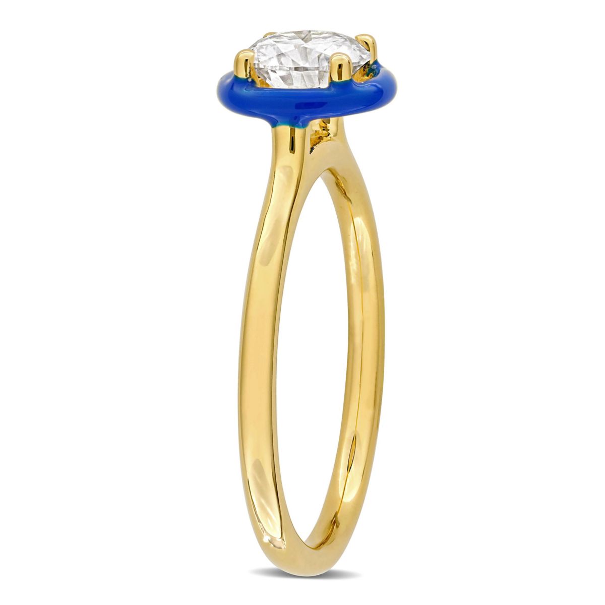 Lab Created 3 Piece Set of Created White Moissanite & Blue Enamel Solitaire Earrings, Necklace & Ring in Yellow Plated Sterling Silver, 17"