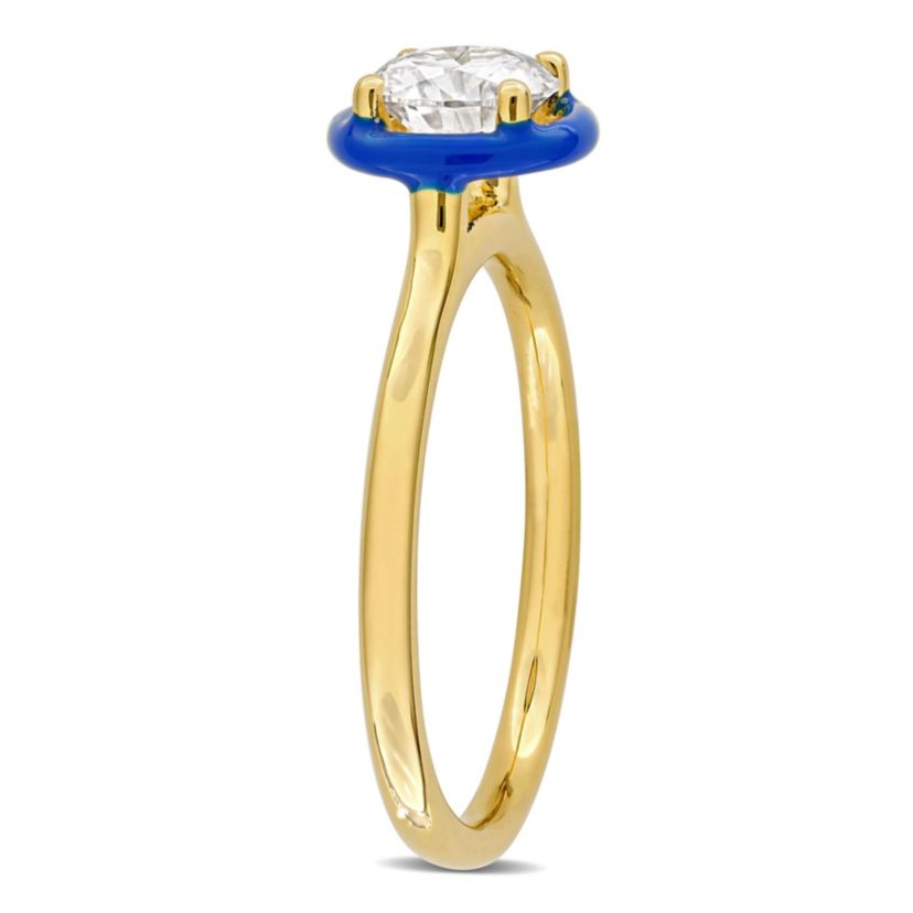 Lab Created 3 Piece Set of Created White Moissanite & Blue Enamel Solitaire Earrings, Necklace & Ring in Yellow Plated Sterling Silver, 17"