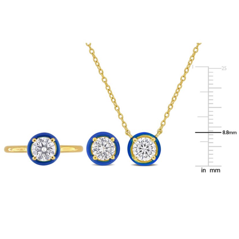 Lab Created 3 Piece Set of Created White Moissanite & Blue Enamel Solitaire Earrings, Necklace & Ring in Yellow Plated Sterling Silver, 17"