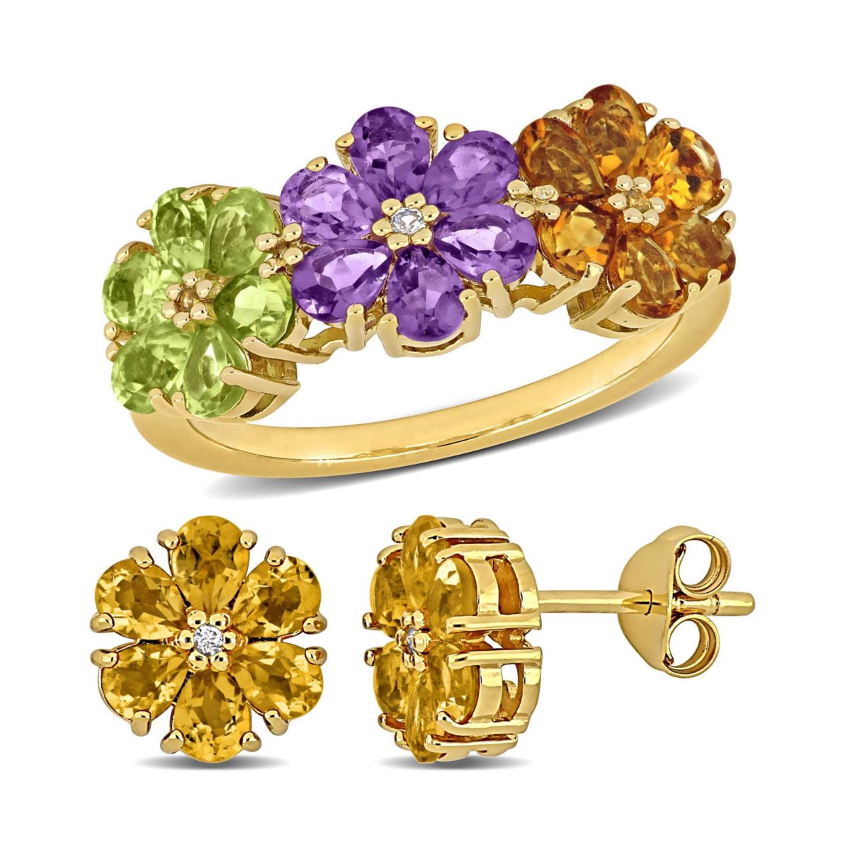 2 Piece Set of Peridot, Amethyst, Citrine, & White Topaz Floral Earrings & Ring in Yellow Plated Sterling Silver