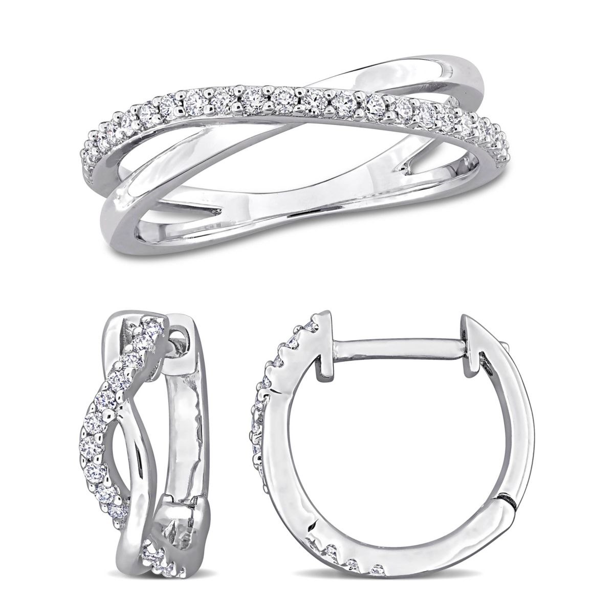 Lab Created 2 Piece Set of Created White Moissanite Hoop Earrings & Criss-Cross Ring in Sterling Silver