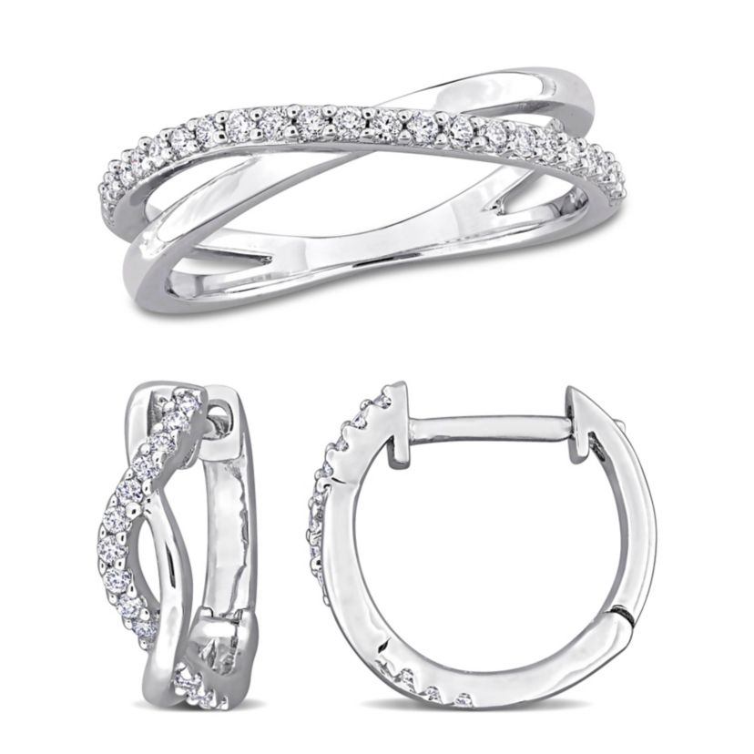 Lab Created 2 Piece Set of Created White Moissanite Hoop Earrings & Criss-Cross Ring in Sterling Silver