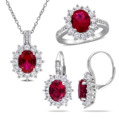 Belk & Co Lab Created 3 Piece Set of Ruby, White Sapphire, & Diamond Accent Earrings, Halo Pendant & Cocktail Ring in Sterling Silver, 18"