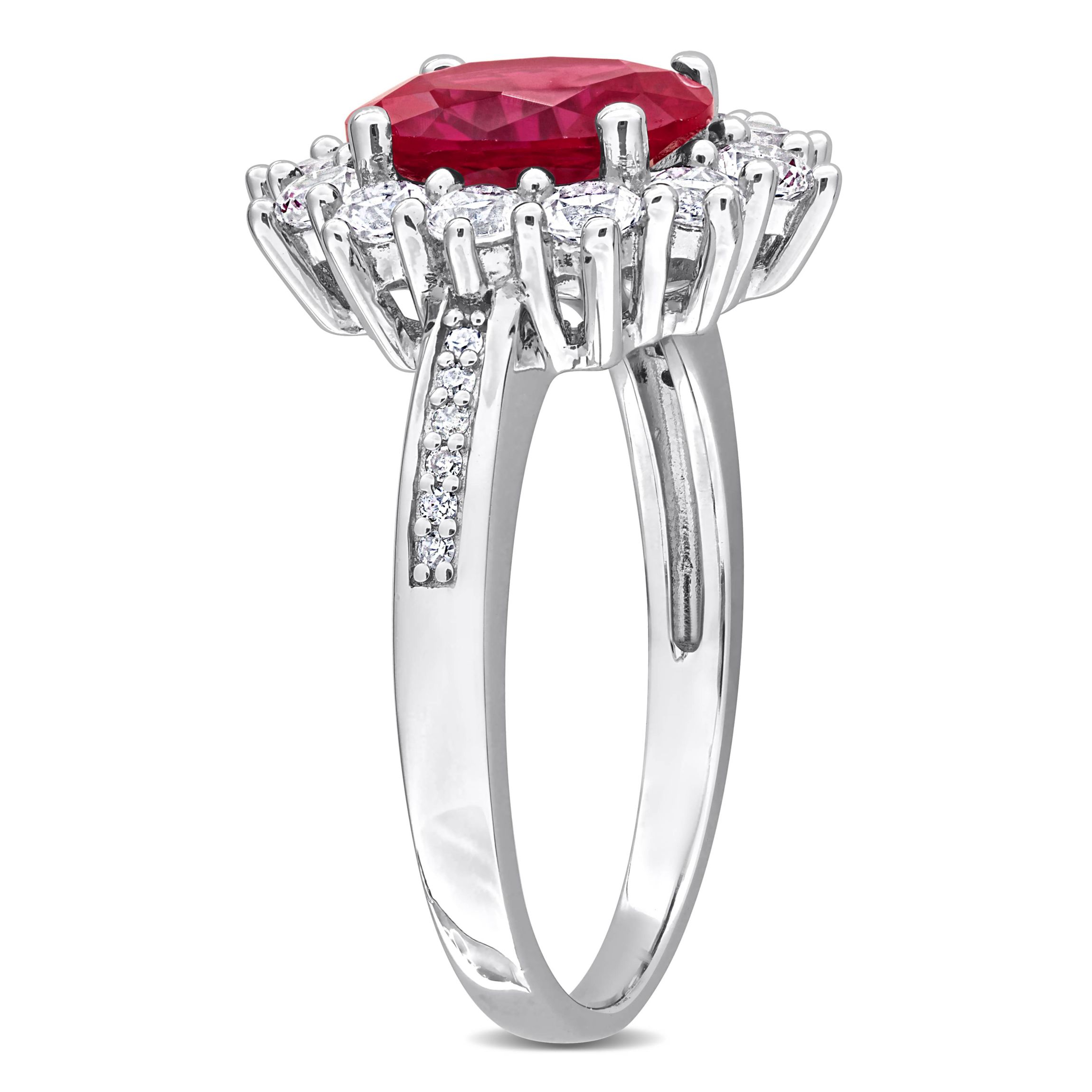 Lab Created 3 Piece Set of Created Ruby, White Sapphire, & Diamond Accent Earrings, Halo Pendant & Cocktail Ring in Sterling Silver, 18"
